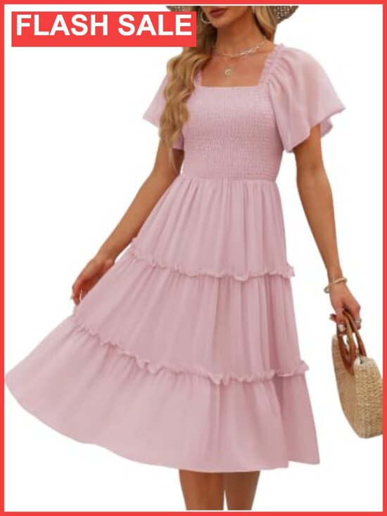 Dresses & Skirts - Women Tiered Flutter Sleeve Square Neck Smocked Midi Dress